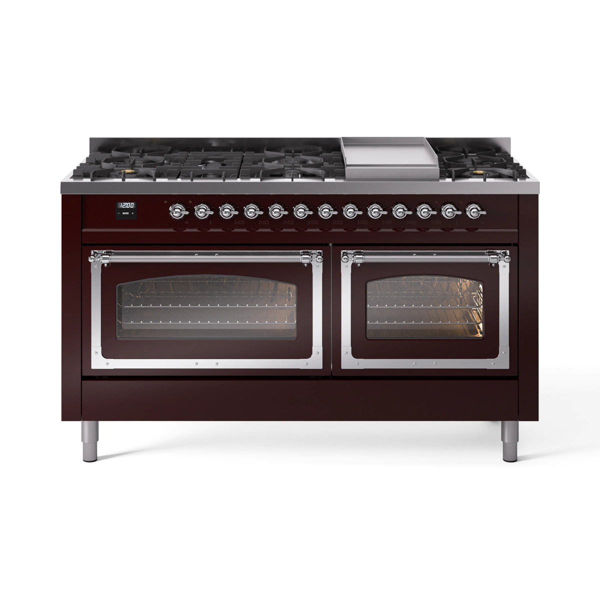 ILVE Nostalgie II Noblesse 60-Inch Natural Gas Dual Fuel Range, Burgundy with Chrome Trim (UN60FNMPBUC)