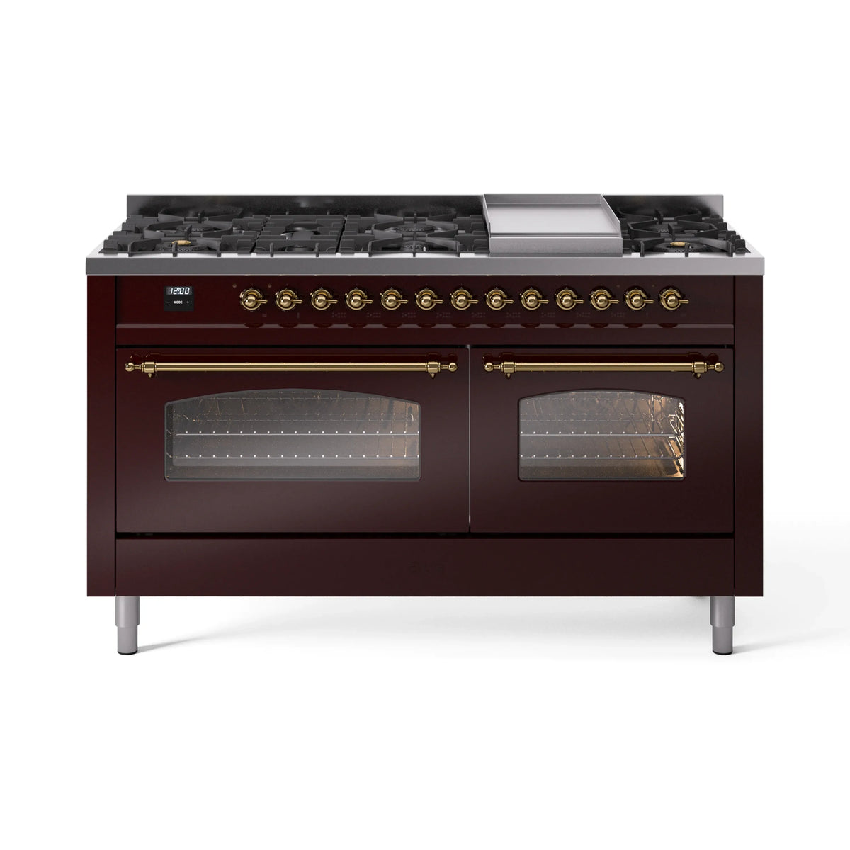 ILVE Nostalgie II 60-Inch Propane Dual Fuel Range, 9 Burners, Griddle, Triple Glass Door Oven, Burgundy with Brass Trim (UP60FNMPBUGLP)