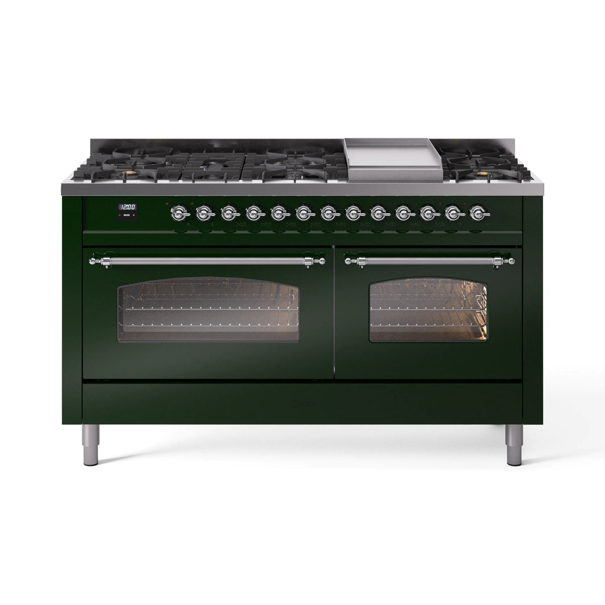 ILVE Nostalgie II 60-Inch Natural Gas Dual Fuel Range, 9 Burners, Griddle, Triple Glass Door, Emerald Green with Chrome Trim (UP60FNMPEGC)