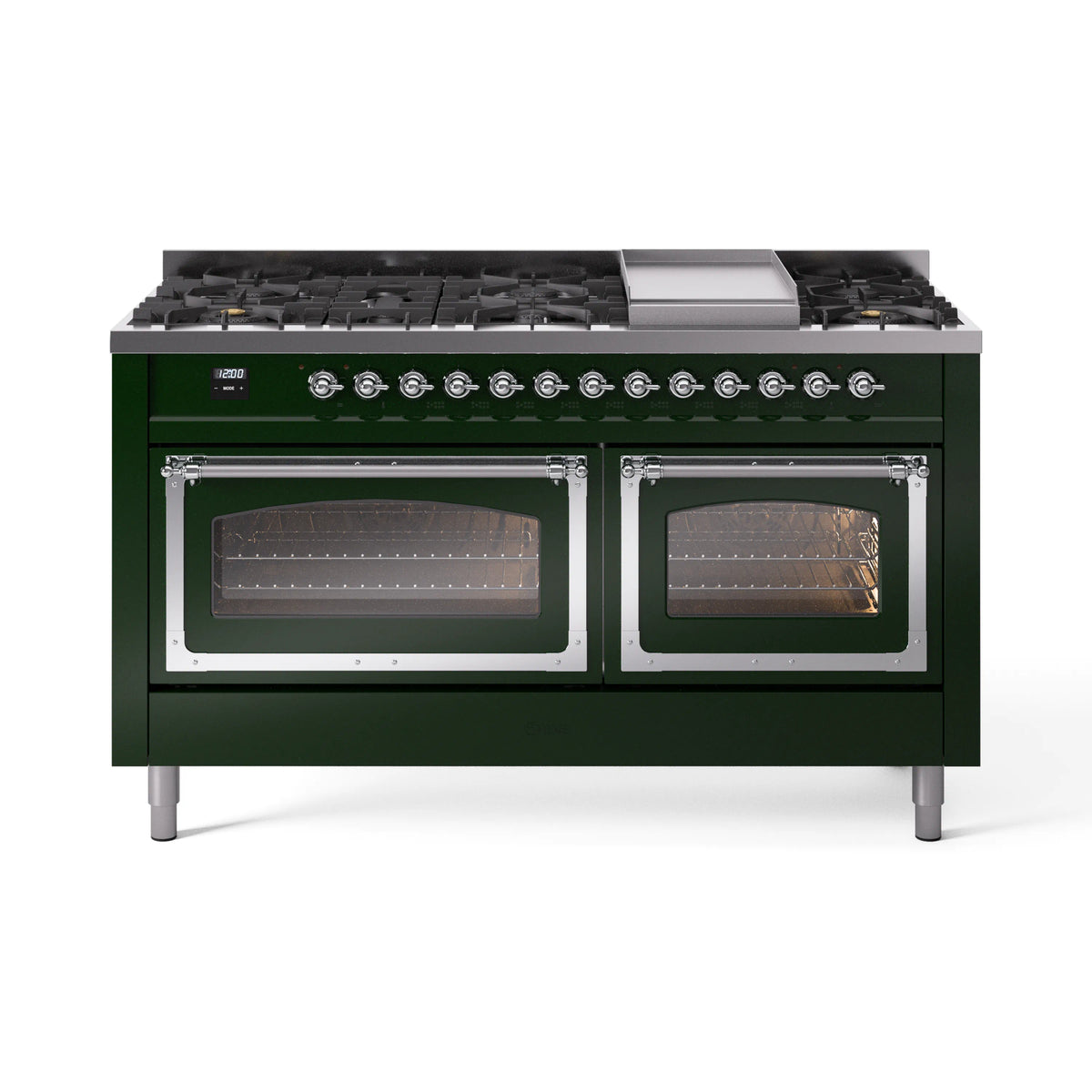 ILVE Nostalgie II Noblesse 60-Inch Propane Dual Fuel Range, 9 Burners, Triple Glass Door Oven, Emerald Green with Chrome Trim (UN60FNMPEGCLP)