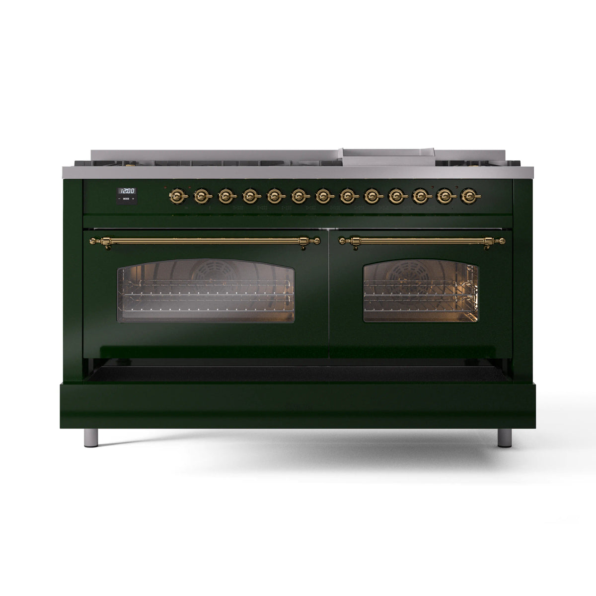 ILVE Nostalgie II 60-Inch Propane Dual Fuel Range, 9 Burners, Griddle, Glass Door Oven, Emerald Green with Brass Trim (UP60FNMPEGGLP)