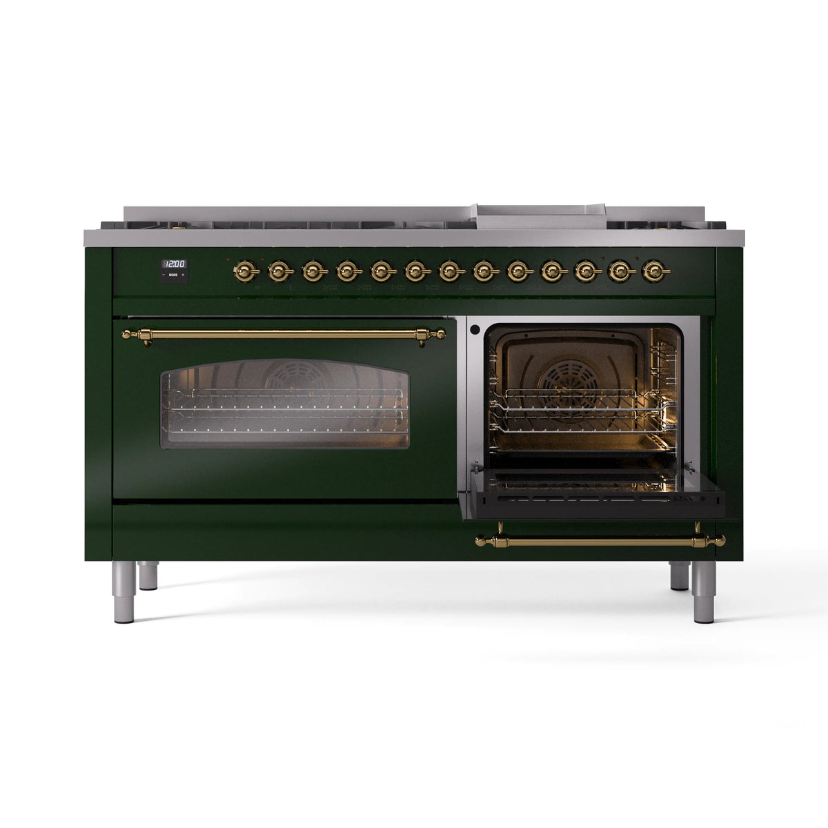 ILVE Nostalgie II 60-Inch Natural Gas Dual Fuel Range, 9 Burners, Griddle, Triple Glass Door, Emerald Green with Brass Trim (UP60FNMPEGG)