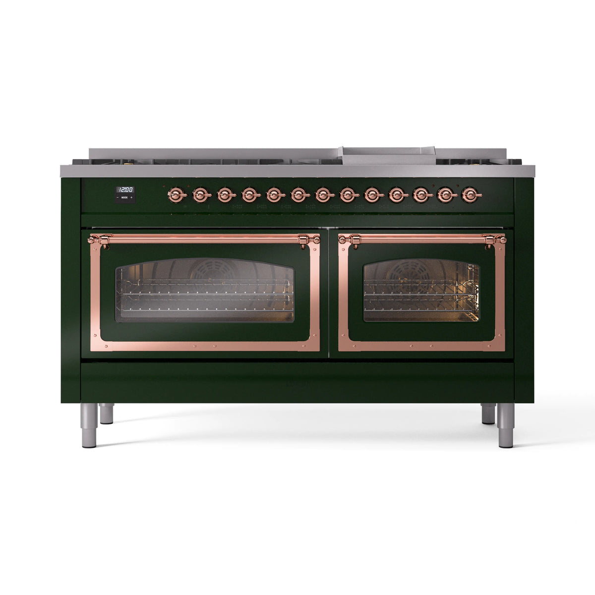 ILVE Nostalgie II Noblesse 60-Inch Propane Dual Fuel Range, 9 Burners, Triple Glass Door Oven, Emerald Green with Copper Trim (UN60FNMPEGPLP)