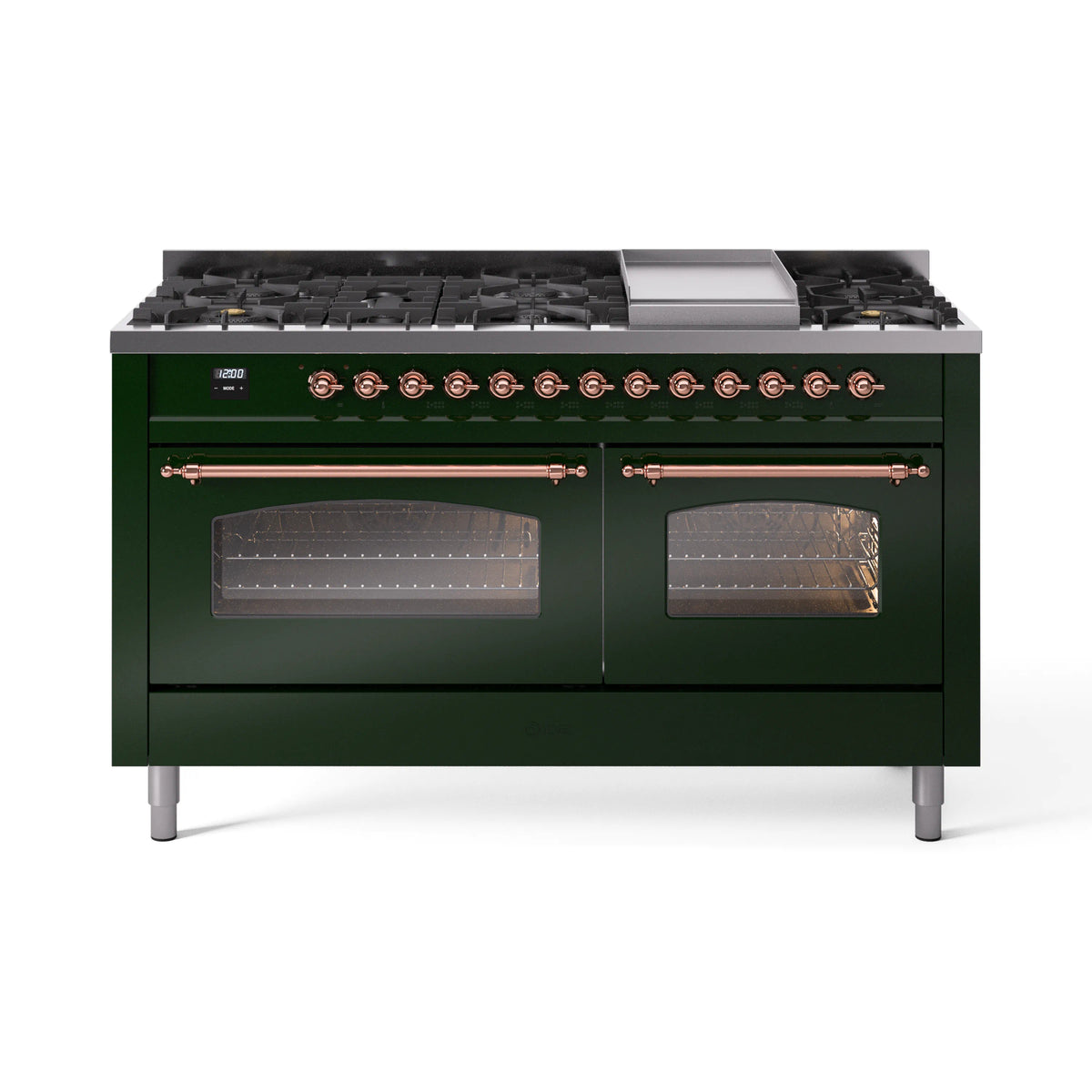 ILVE Nostalgie II 60-Inch Natural Gas Dual Fuel Range, 9 Burners, Griddle, Triple Glass Door, Emerald Green with Copper Trim (UP60FNMPEGP)