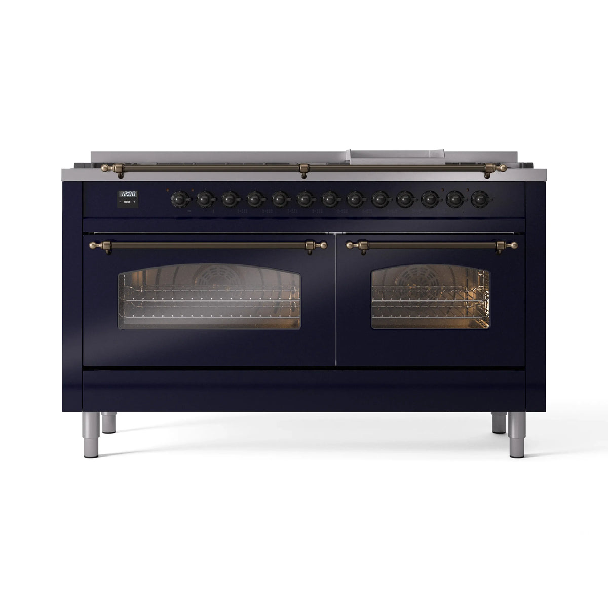 ILVE Nostalgie II 60-Inch Propane Dual Fuel Range, 9 Burners, Griddle, Glass Door Oven, Midnight Blue with Bronze Trim (UP60FNMPMBBLP)
