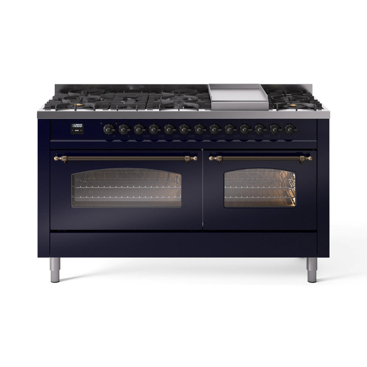 ILVE Nostalgie II 60-Inch Natural Gas Dual Fuel Range, 9 Burners, Griddle, Midnight Blue with Burnished Bronze Trim (UP60FNMPMBB)