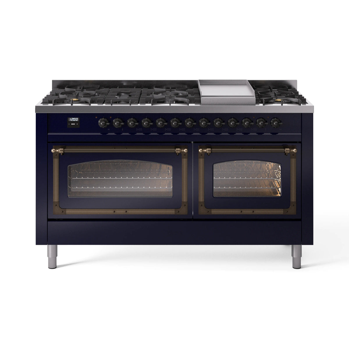 ILVE Nostalgie II Noblesse 60-Inch Propane Dual Fuel Range, 9 Burners, Triple Glass Door Oven, Midnight Blue with Bronze Trim (UN60FNMPMBBLP)