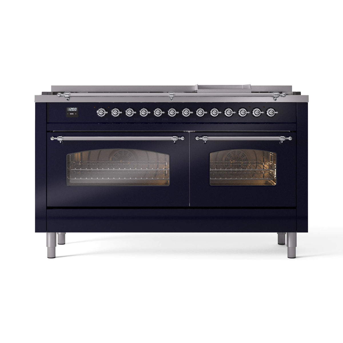 ILVE Nostalgie II 60-Inch Propane Dual Fuel Range, 9 Burners, Griddle, Glass Door Oven, Midnight Blue with Chrome Trim (UP60FNMPMBCLP)