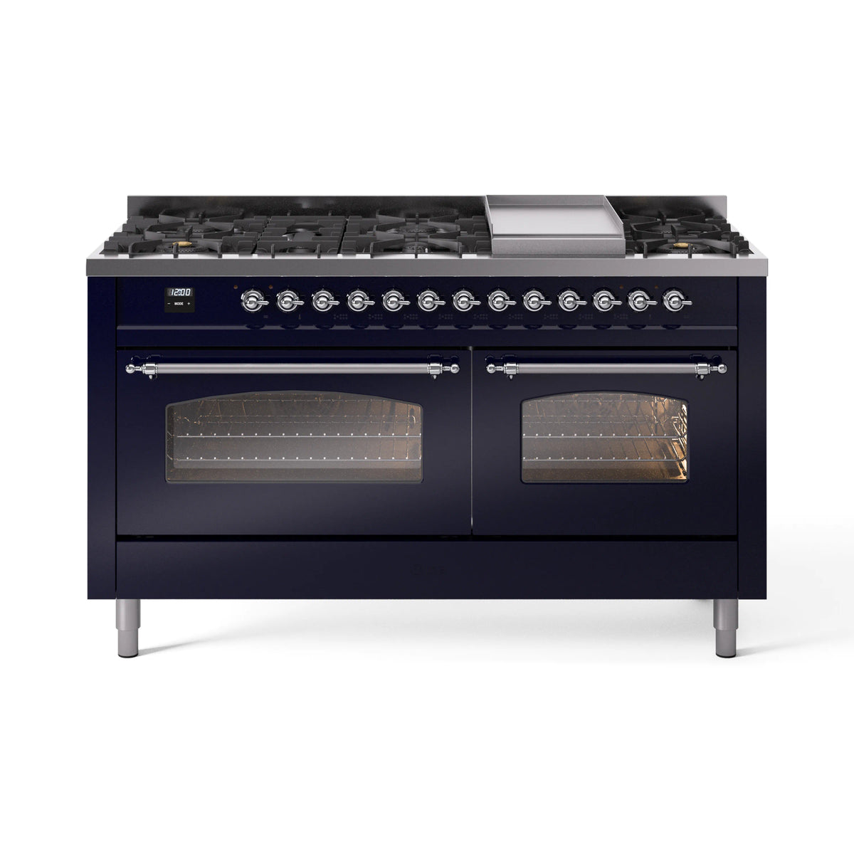 ILVE Nostalgie II 60-Inch Natural Gas Dual Fuel Range, 9 Burners, Griddle, Triple Glass Door, Midnight Blue with Chrome Trim (UP60FNMPMBC)