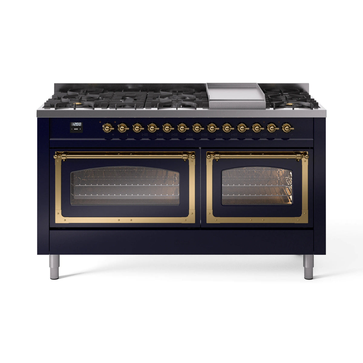 ILVE Nostalgie II Noblesse 60-Inch Natural Gas Dual Fuel Range, Midnight Blue with Brass Trim (UN60FNMPMBG)