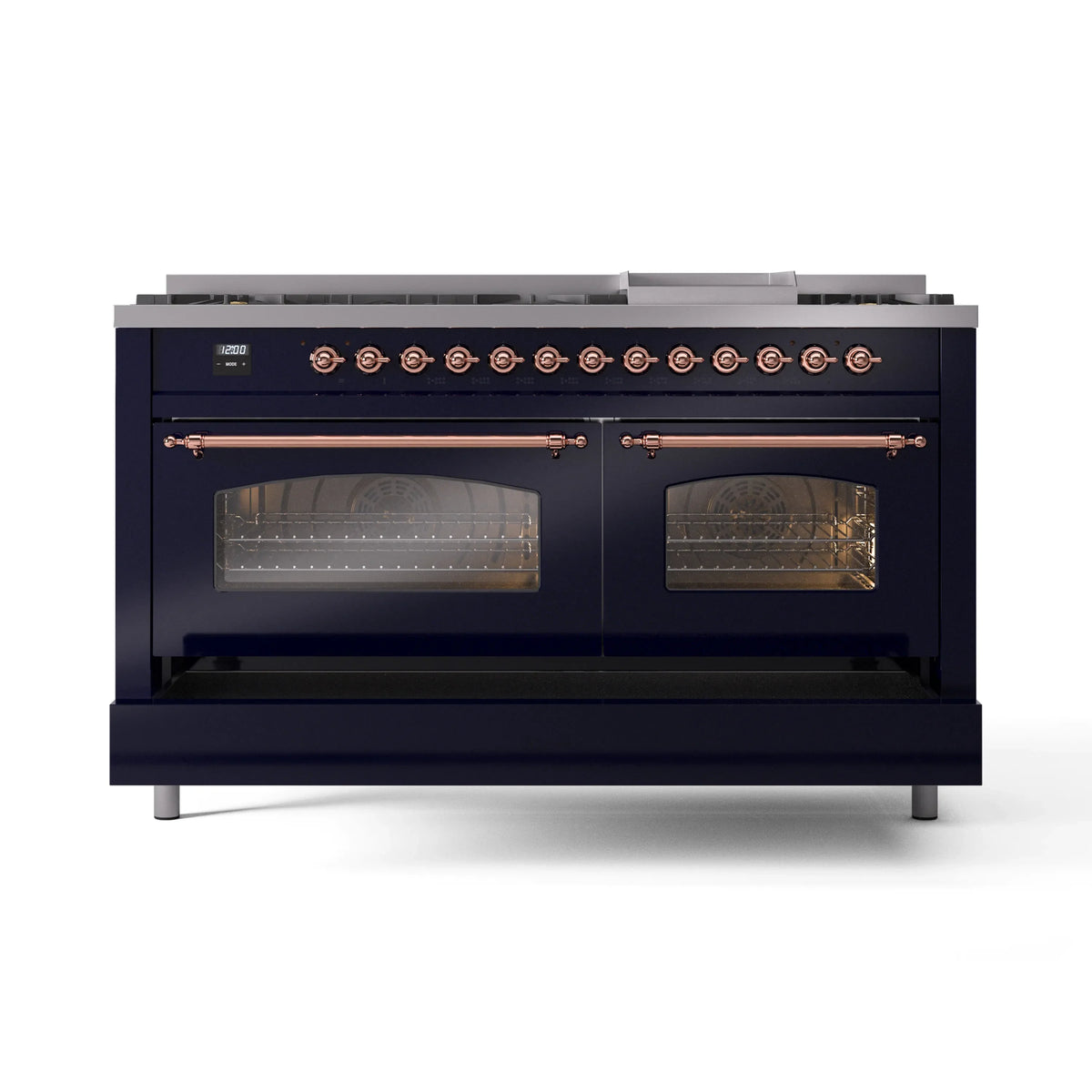 ILVE Nostalgie II 60-Inch Propane Dual Fuel Range, 9 Burners, Griddle, Glass Door Oven, Midnight Blue with Copper Trim (UP60FNMPMBPLP)