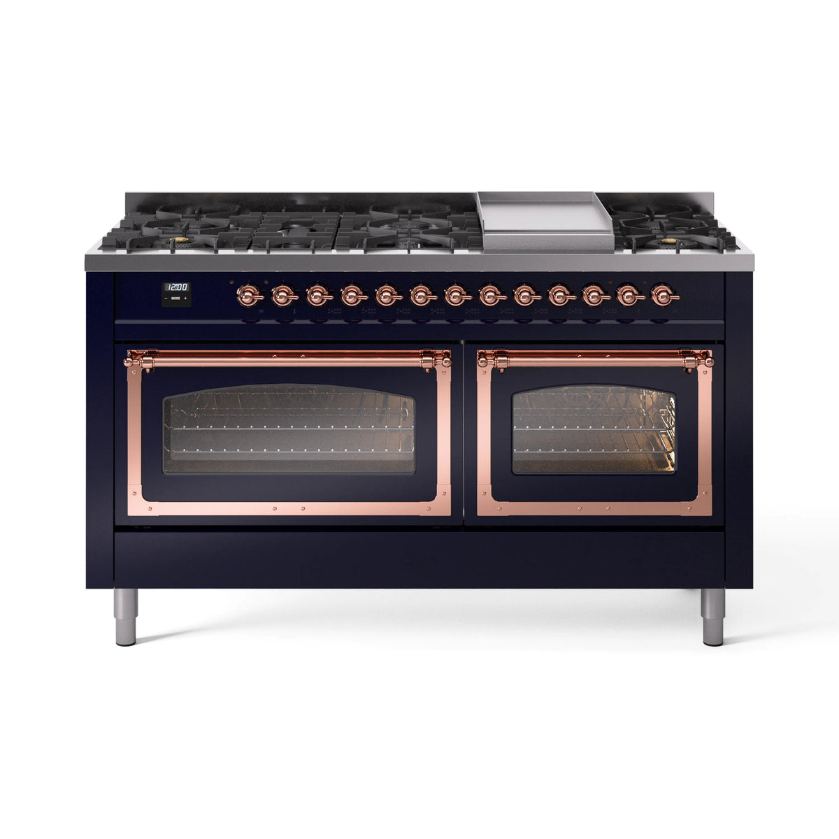 ILVE Nostalgie II Noblesse 60-Inch Propane Dual Fuel Range, 9 Burners, Triple Glass Door Oven, Midnight Blue with Copper Trim (UN60FNMPMBPLP)