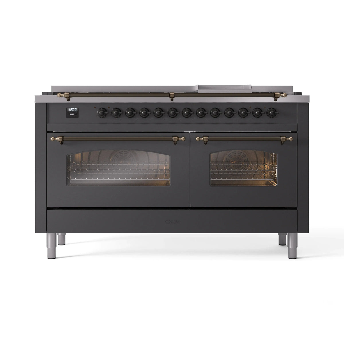 ILVE Nostalgie II 60-Inch Natural Gas Dual Fuel Range, 9 Burners, Griddle, Matte Graphite with Burnished Bronze Trim (UP60FNMPMGB)