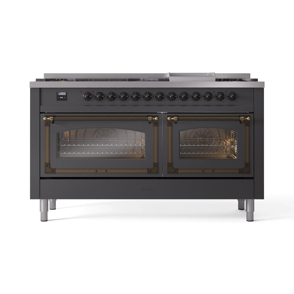 ILVE Nostalgie II Noblesse 60-Inch Natural Gas Dual Fuel Range, Matte Graphite with Burnished Bronze Trim (UN60FNMPMGB)