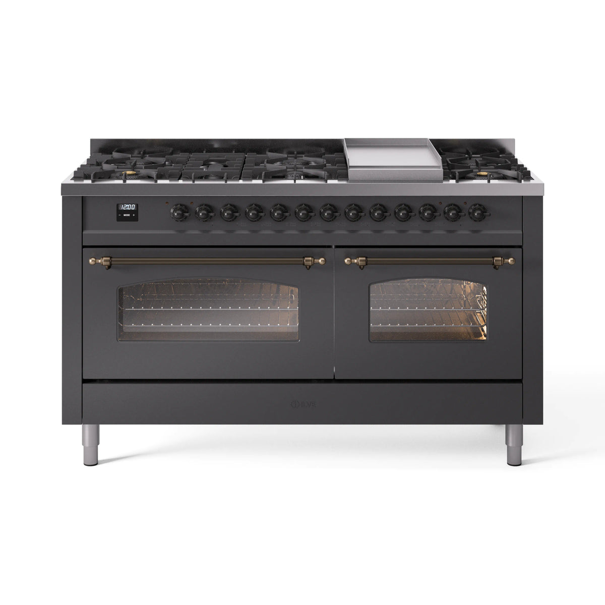 ILVE Nostalgie II 60-Inch Propane Dual Fuel Range, 9 Burners, Griddle, Glass Door Oven, Matte Graphite with Bronze Trim (UP60FNMPMGBLP)