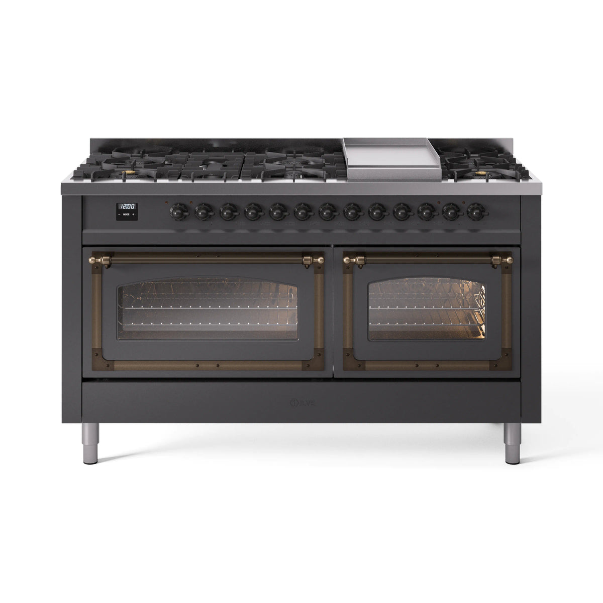 ILVE Nostalgie II Noblesse 60-Inch Propane Dual Fuel Range, 9 Burners, Triple Glass Door Oven, Matte Graphite with Bronze Trim (UN60FNMPMGBLP)