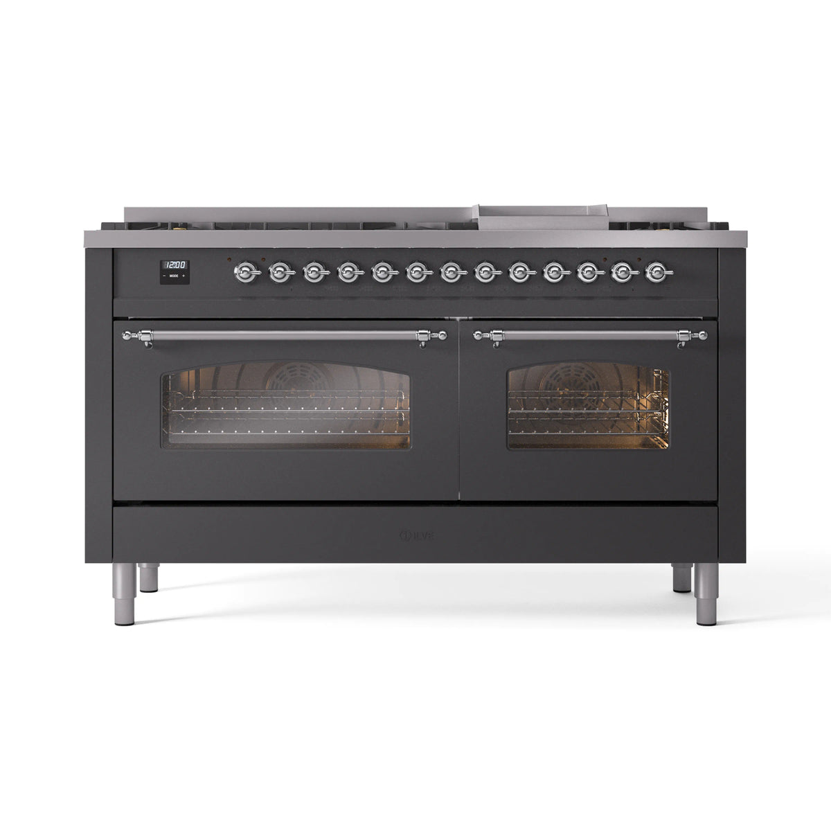 ILVE Nostalgie II 60-Inch Propane Dual Fuel Range, 9 Burners, Griddle, Glass Door Oven, Matte Graphite with Chrome Trim (UP60FNMPMGCLP)