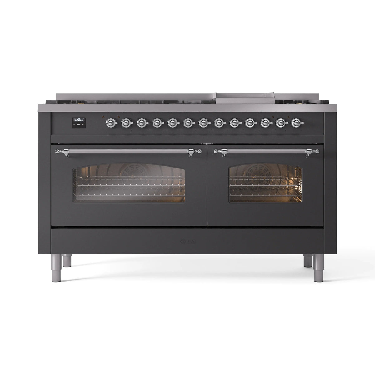 ILVE Nostalgie II 60-Inch Natural Gas Dual Fuel Range, 9 Burners, Griddle, Triple Glass Door, Matte Graphite with Chrome Trim (UP60FNMPMGC)