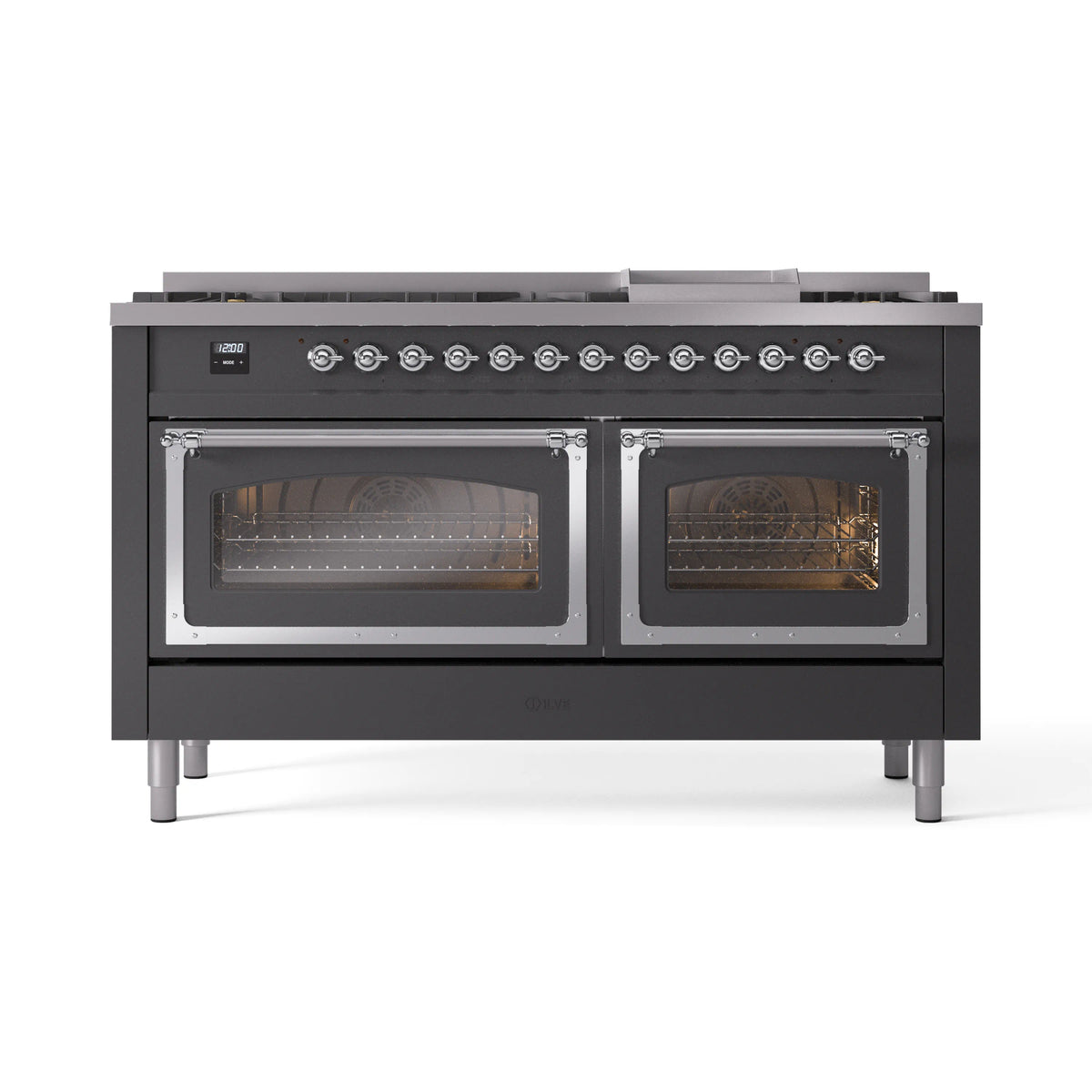 ILVE Nostalgie II Noblesse 60-Inch Propane Dual Fuel Range, 9 Burners, Triple Glass Door Oven, Matte Graphite with Chrome Trim (UN60FNMPMGCLP)