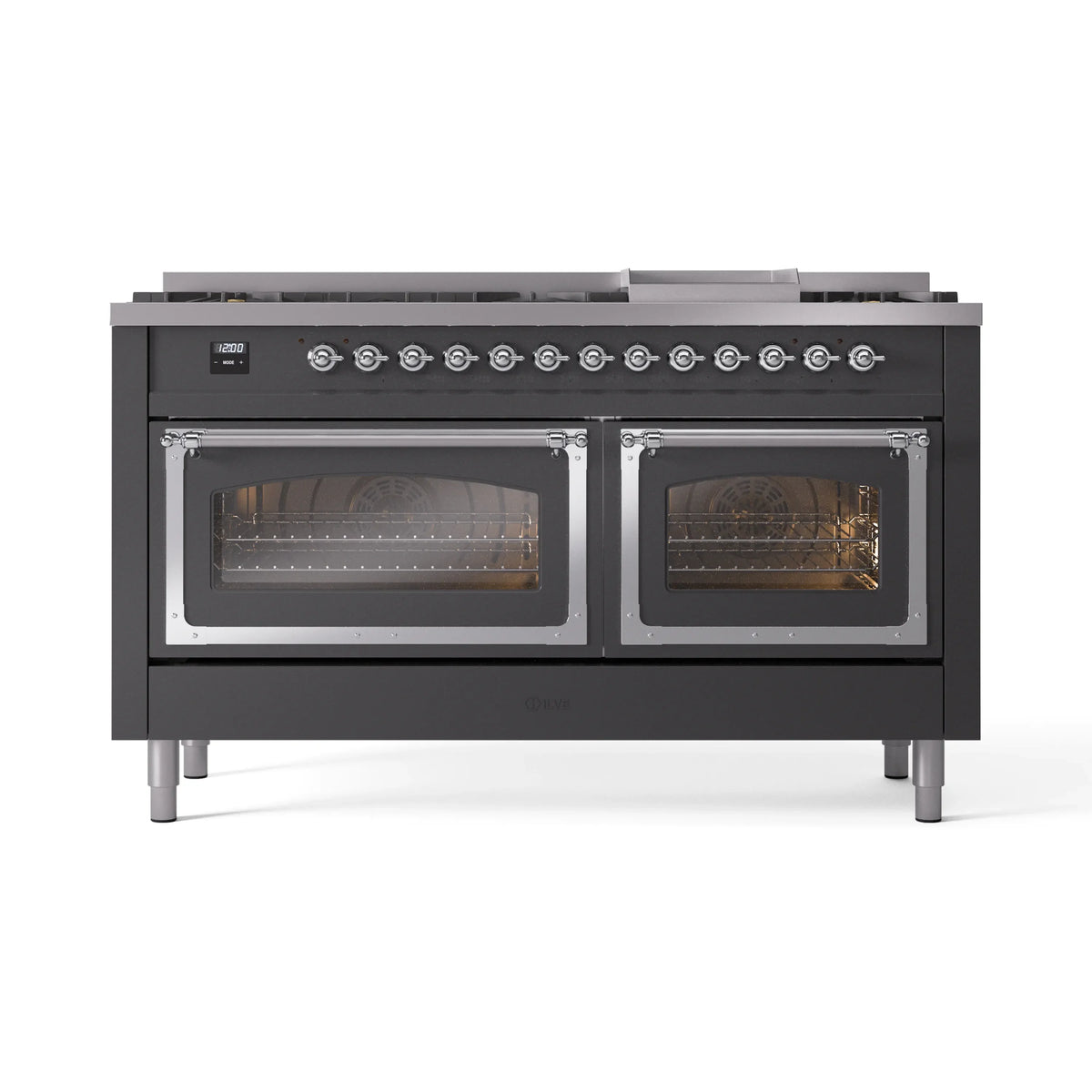 ILVE Nostalgie II Noblesse 60-Inch Natural Gas Dual Fuel Range, Matte Graphite with Chrome Trim (UN60FNMPMGC)