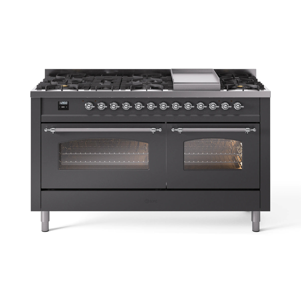 ILVE Nostalgie II 60-Inch Propane Dual Fuel Range, 9 Burners, Griddle, Glass Door Oven, Matte Graphite with Chrome Trim (UP60FNMPMGCLP)