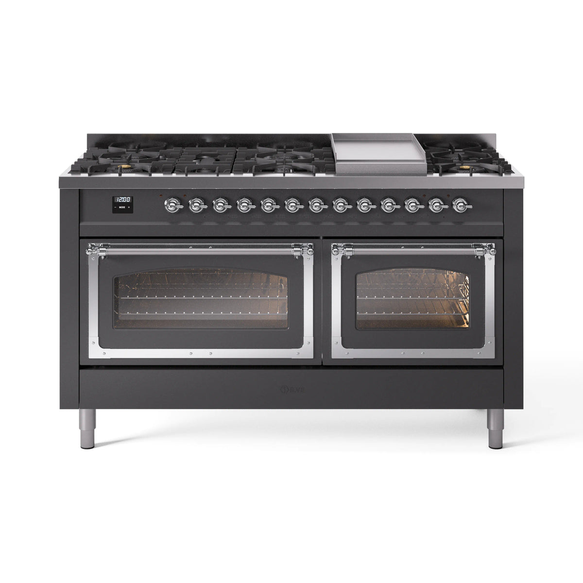 ILVE Nostalgie II Noblesse 60-Inch Propane Dual Fuel Range, 9 Burners, Triple Glass Door Oven, Matte Graphite with Chrome Trim (UN60FNMPMGCLP)