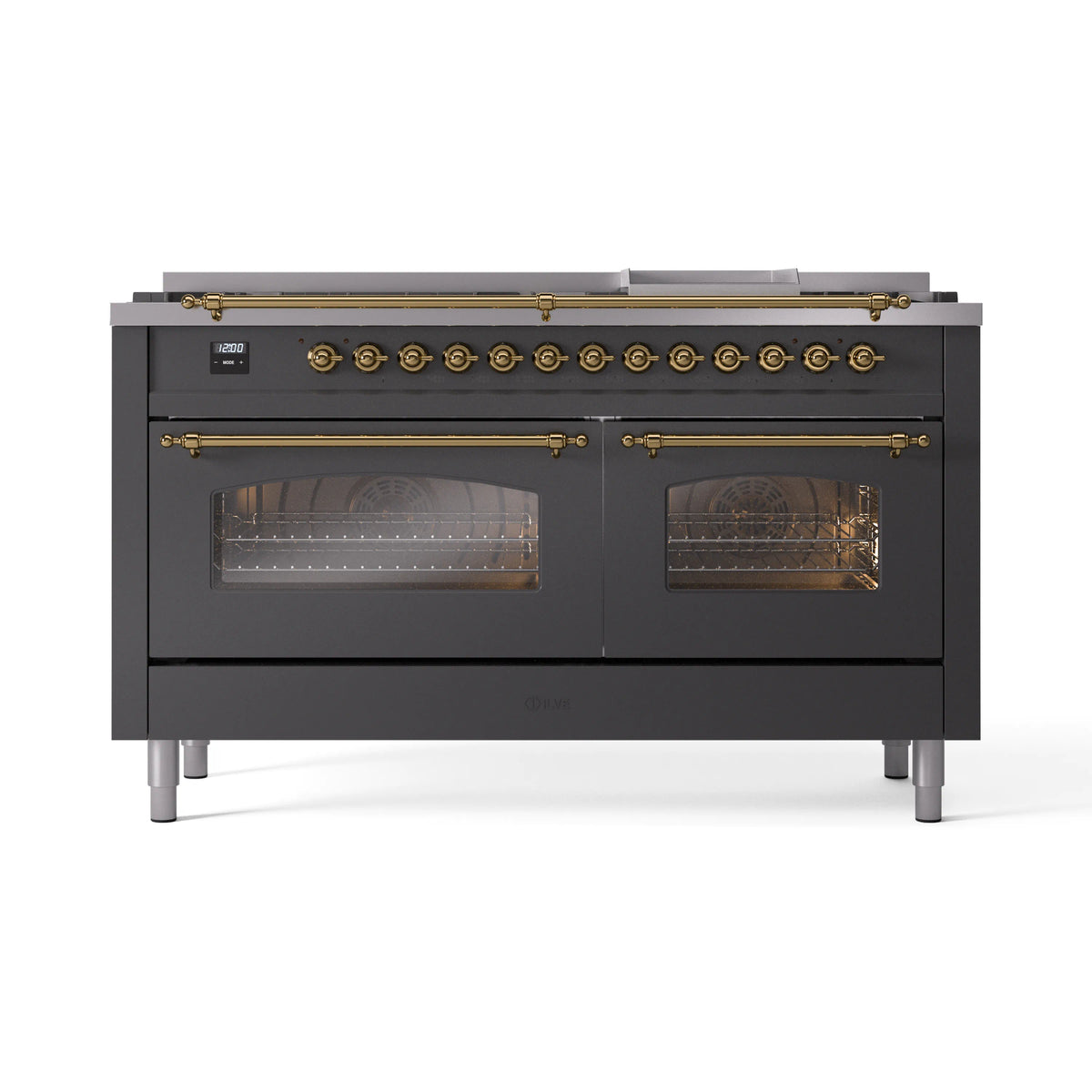 ILVE Nostalgie II 60-Inch Propane Dual Fuel Range, 9 Burners, Griddle, Glass Door Oven, Matte Graphite with Brass Trim (UP60FNMPMGGLP)