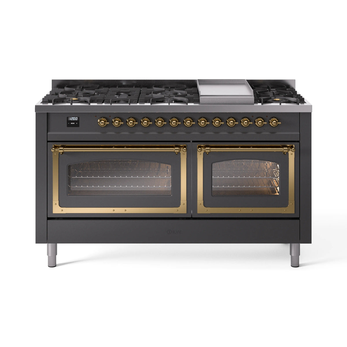 ILVE Nostalgie II Noblesse 60-Inch Natural Gas Dual Fuel Range, Matte Graphite with Brass Trim (UN60FNMPMGG)