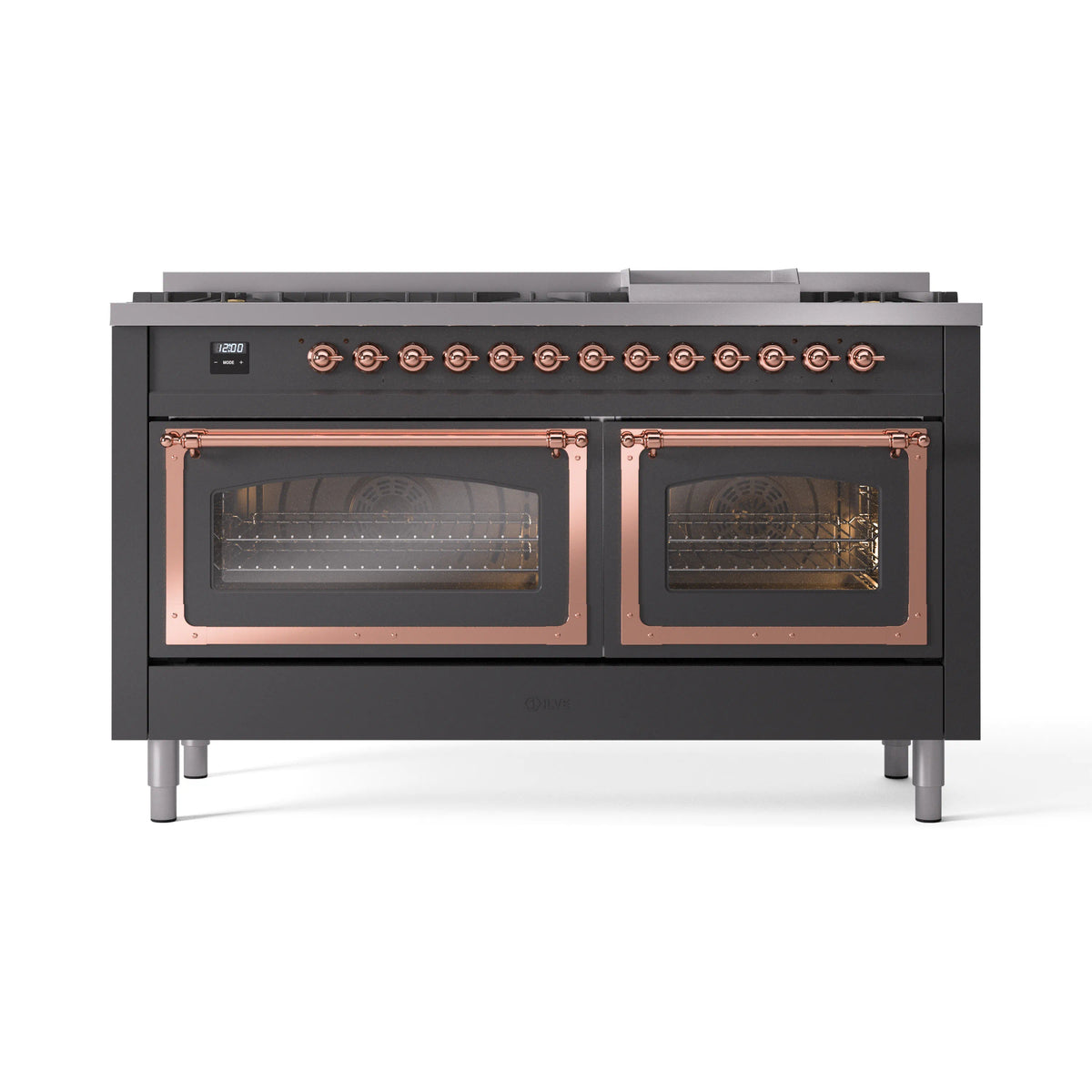 ILVE Nostalgie II Noblesse 60-Inch Propane Dual Fuel Range, 9 Burners, Triple Glass Door Oven, Matte Graphite with Copper Trim (UN60FNMPMGPLP)