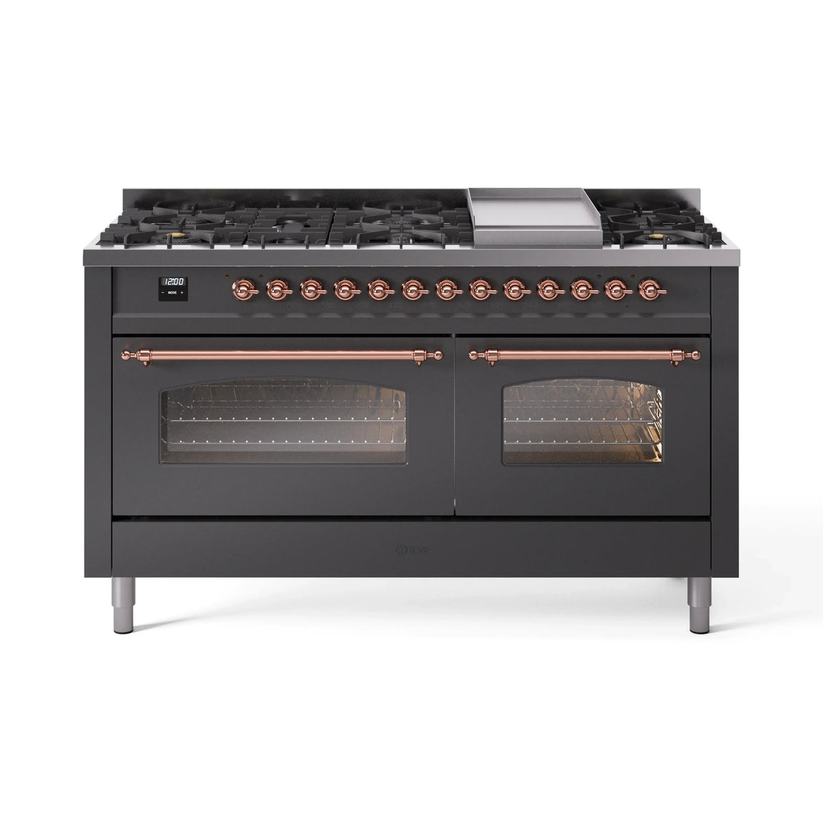 ILVE Nostalgie II 60-Inch Natural Gas Dual Fuel Range, 9 Burners, Griddle, Triple Glass Door, Matte Graphite with Copper Trim (UP60FNMPMGP)