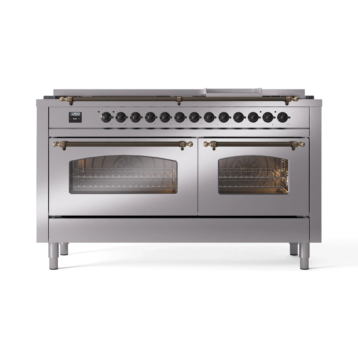 ILVE Nostalgie II 60-Inch Propane Dual Fuel Range, 9 Burners, Griddle, Glass Door Oven, Stainless Steel with Bronze Trim (UP60FNMPSSBLP)