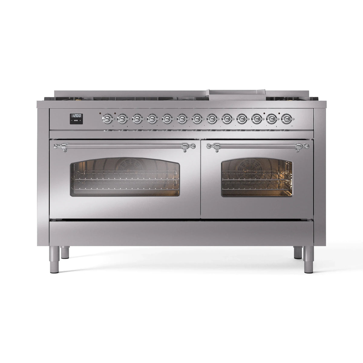 ILVE Nostalgie II 60-Inch Propane Dual Fuel Range, 9 Burners, Griddle, Glass Door Oven, Stainless Steel with Chrome Trim (UP60FNMPSSCLP)
