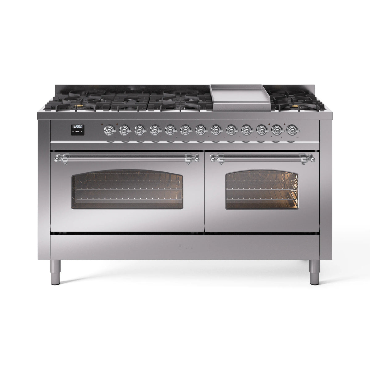 ILVE Nostalgie II 60-Inch Natural Gas Dual Fuel Range, 9 Burners, Griddle, Triple Glass Door, Stainless Steel with Chrome Trim (UP60FNMPSSC)