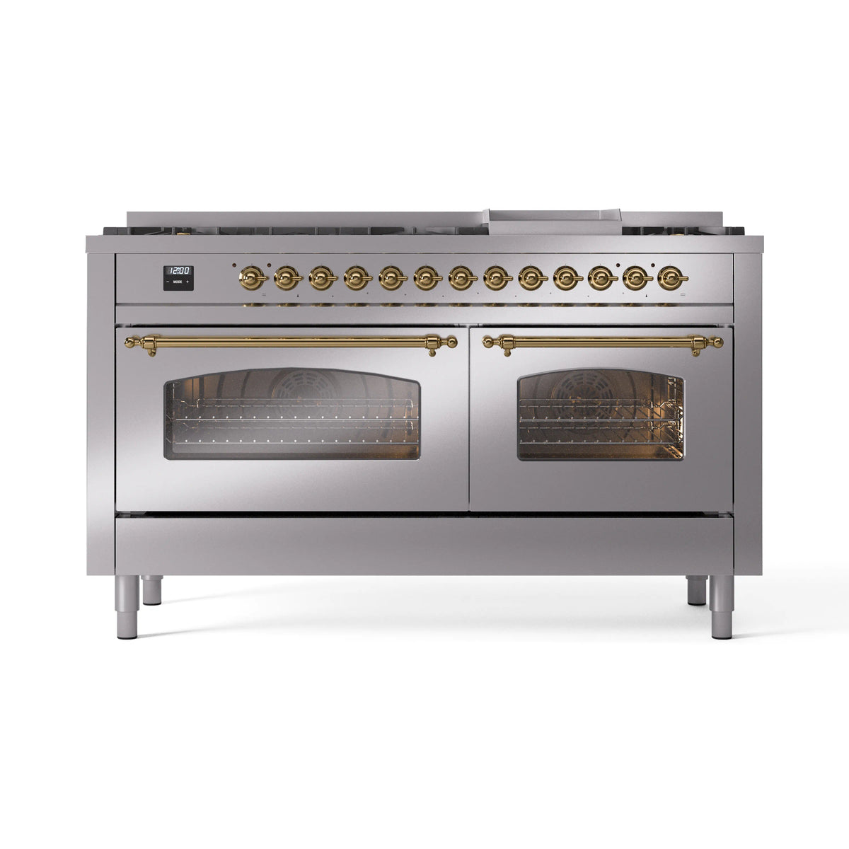 ILVE Nostalgie II 60-Inch Natural Gas Dual Fuel Range, 9 Burners, Griddle, Triple Glass Door, Stainless Steel with Brass Trim (UP60FNMPSSG)