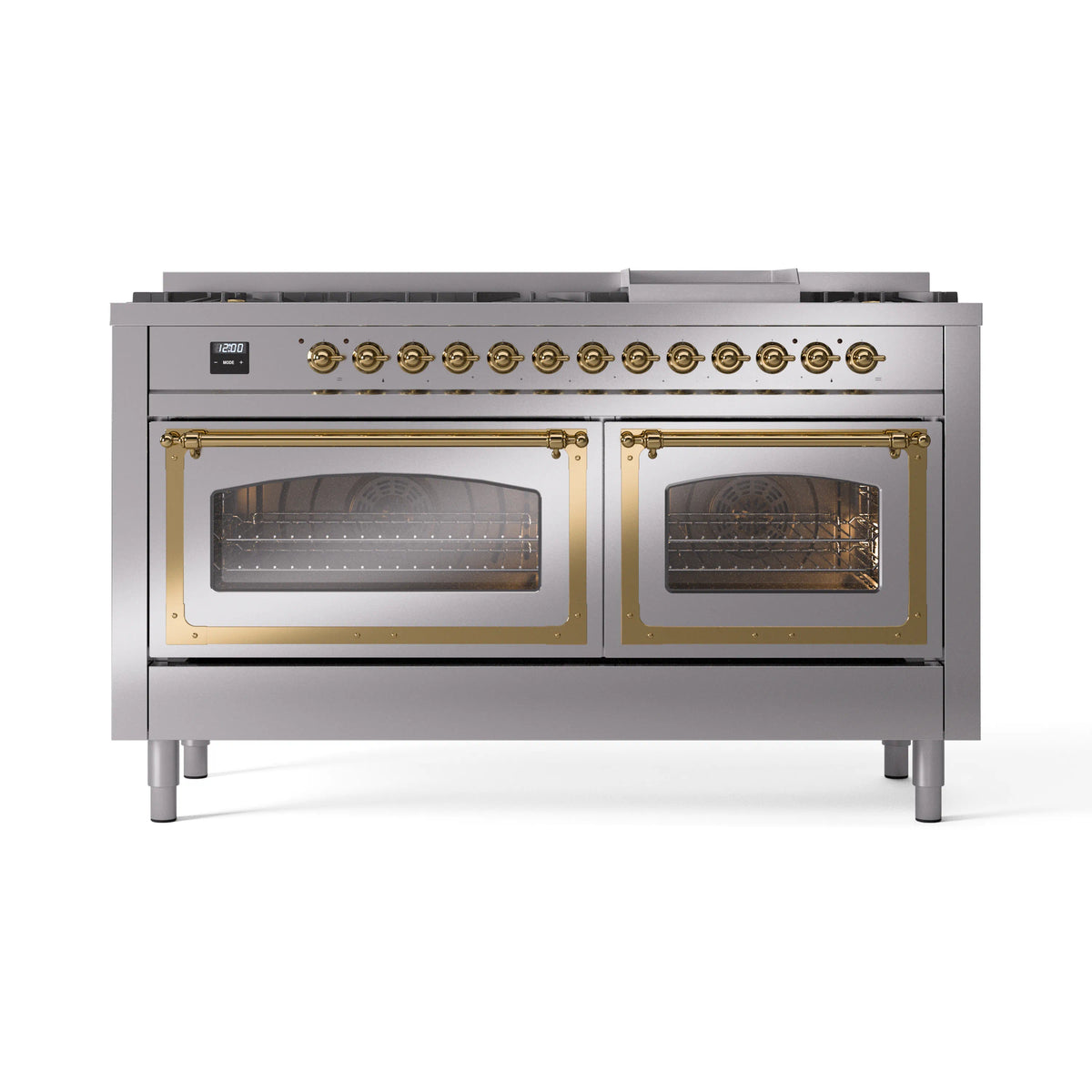 ILVE Nostalgie II Noblesse 60-Inch Propane Dual Fuel Range, 9 Burners, Triple Glass Door Oven, Stainless Steel with Brass Trim (UN60FNMPSSGLP)
