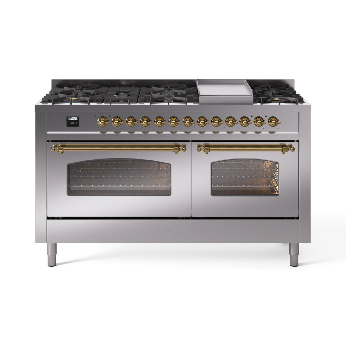 ILVE Nostalgie II 60-Inch Propane Dual Fuel Range, 9 Burners, Griddle, Glass Door Oven, Stainless Steel with Brass Trim (UP60FNMPSSGLP)