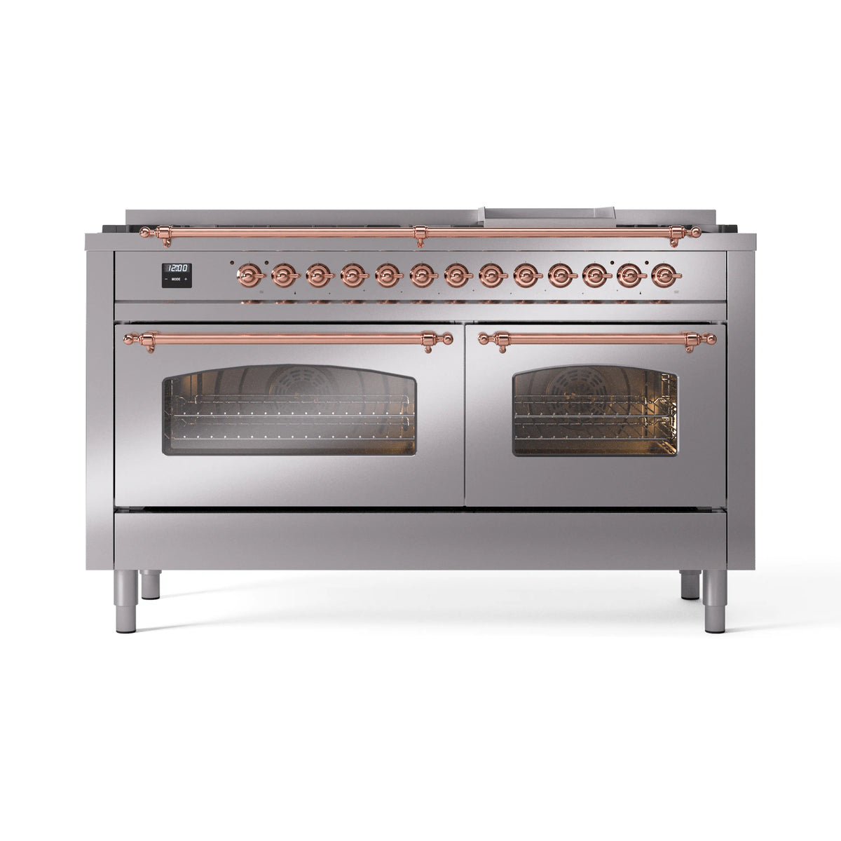 ILVE Nostalgie II 60-Inch Natural Gas Dual Fuel Range, 9 Burners, Griddle, Triple Glass Door, Stainless Steel with Copper Trim (UP60FNMPSSP)