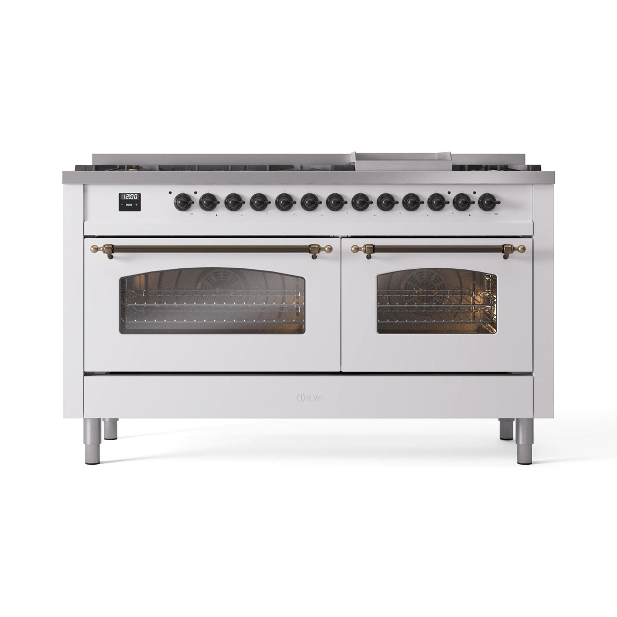 ILVE Nostalgie II 60-Inch Natural Gas Dual Fuel Range, 9 Burners, Griddle, Triple Glass Door, White with Burnished Bronze Trim (UP60FNMPWHB)