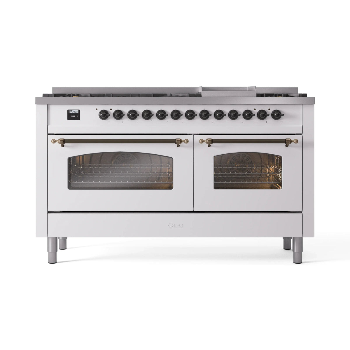 ILVE Nostalgie II 60-Inch Propane Dual Fuel Range, 9 Burners, Griddle, Glass Door Oven, White with Bronze Trim (UP60FNMPWHBLP)
