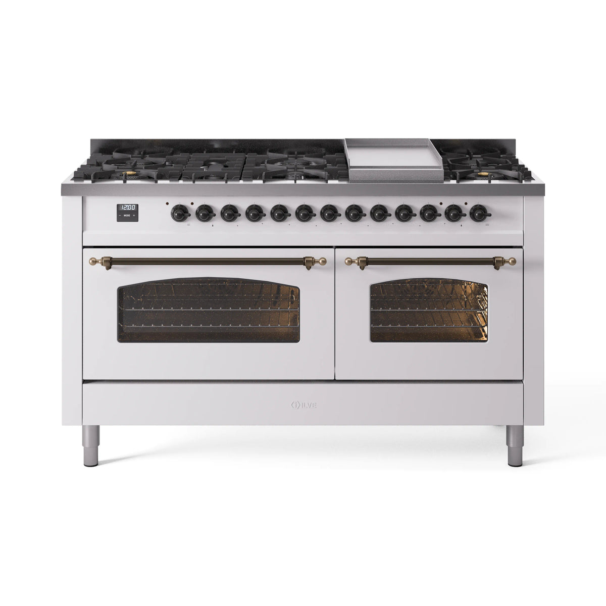 ILVE Nostalgie II 60-Inch Natural Gas Dual Fuel Range, 9 Burners, Griddle, Triple Glass Door, White with Burnished Bronze Trim (UP60FNMPWHB)