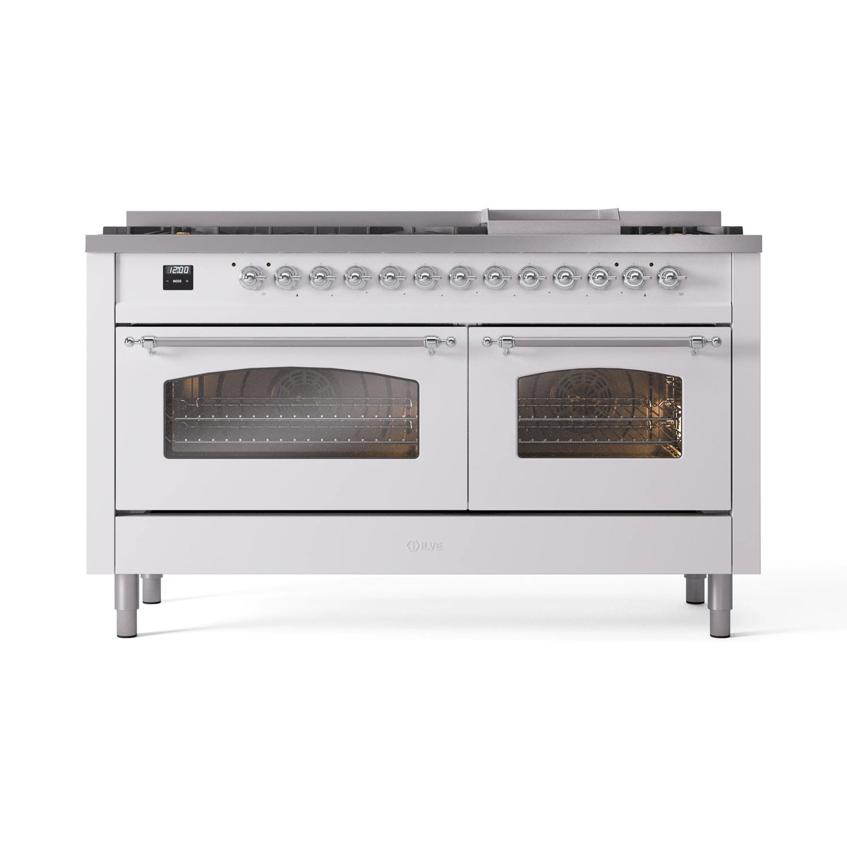 ILVE Nostalgie II 60-Inch Natural Gas Dual Fuel Range, 9 Burners, Griddle, Triple Glass Door, White with Chrome Trim (UP60FNMPWHC)