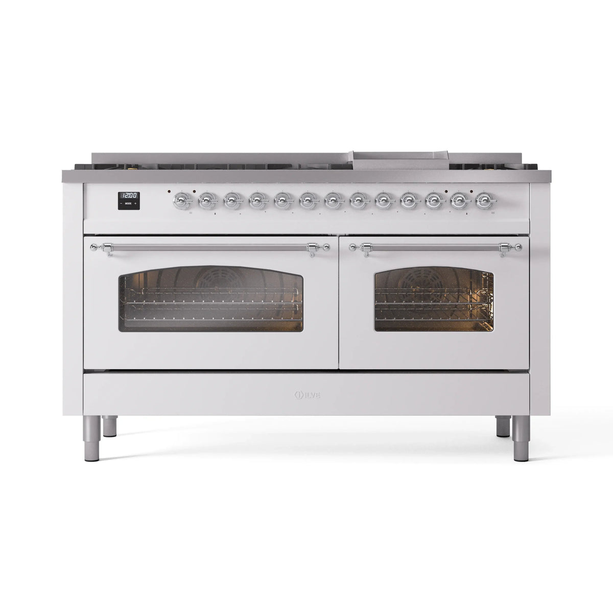 ILVE Nostalgie II 60-Inch Propane Dual Fuel Range, 9 Burners, Griddle, Triple Glass Door Oven, White with Chrome Trim (UP60FNMPWHCLP)
