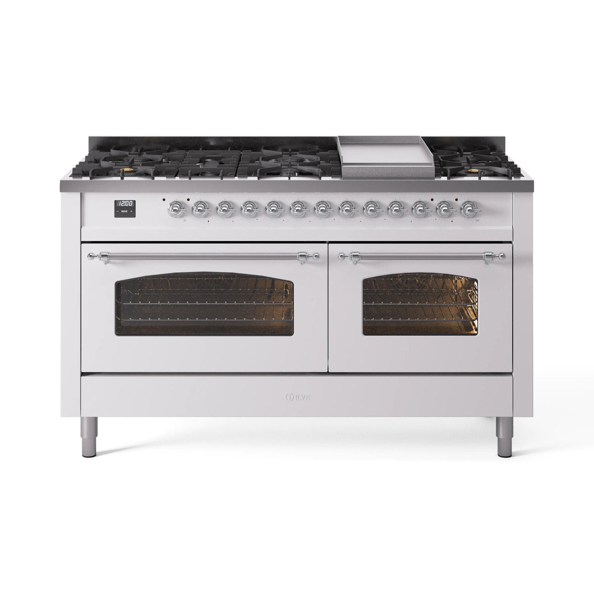 ILVE Nostalgie II 60-Inch Natural Gas Dual Fuel Range, 9 Burners, Griddle, Triple Glass Door, White with Chrome Trim (UP60FNMPWHC)