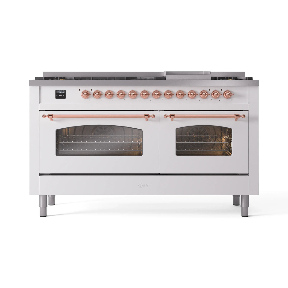 ILVE Nostalgie II 60-Inch Propane Dual Fuel Range, 9 Burners, Griddle, Triple Glass Door Oven, White with Copper Trim (UP60FNMPWHPLP)