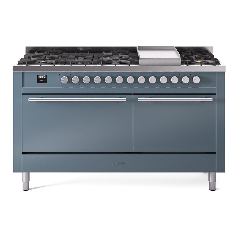ILVE Professional Plus II 60-Inch Natural Gas Dual Fuel Range, 9 Burners, Griddle, Solid Door Oven, Blue Grey (UP60FQMPBG)