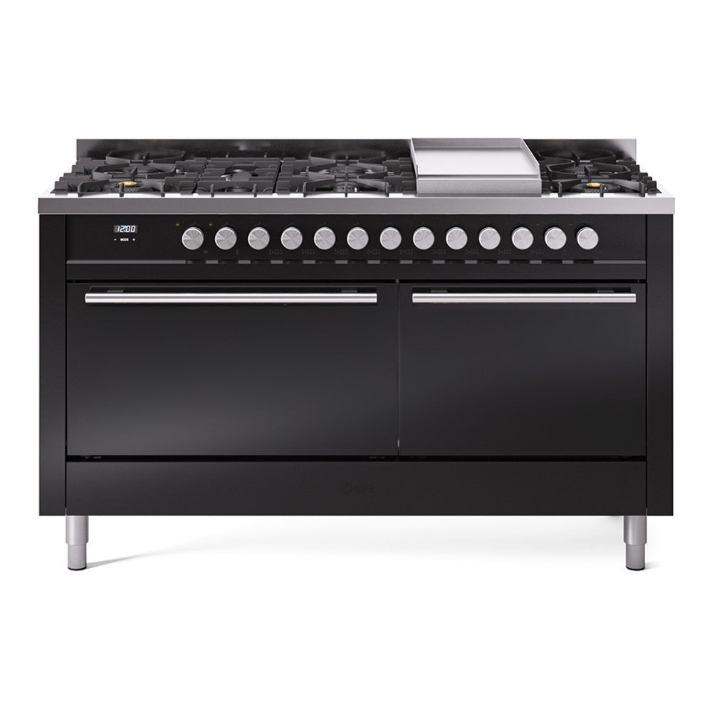 ILVE Professional Plus II 60-Inch Natural Gas Dual Fuel Range, 9 Burners, Griddle, Solid Door Oven, Glossy Black (UP60FQMPBK)