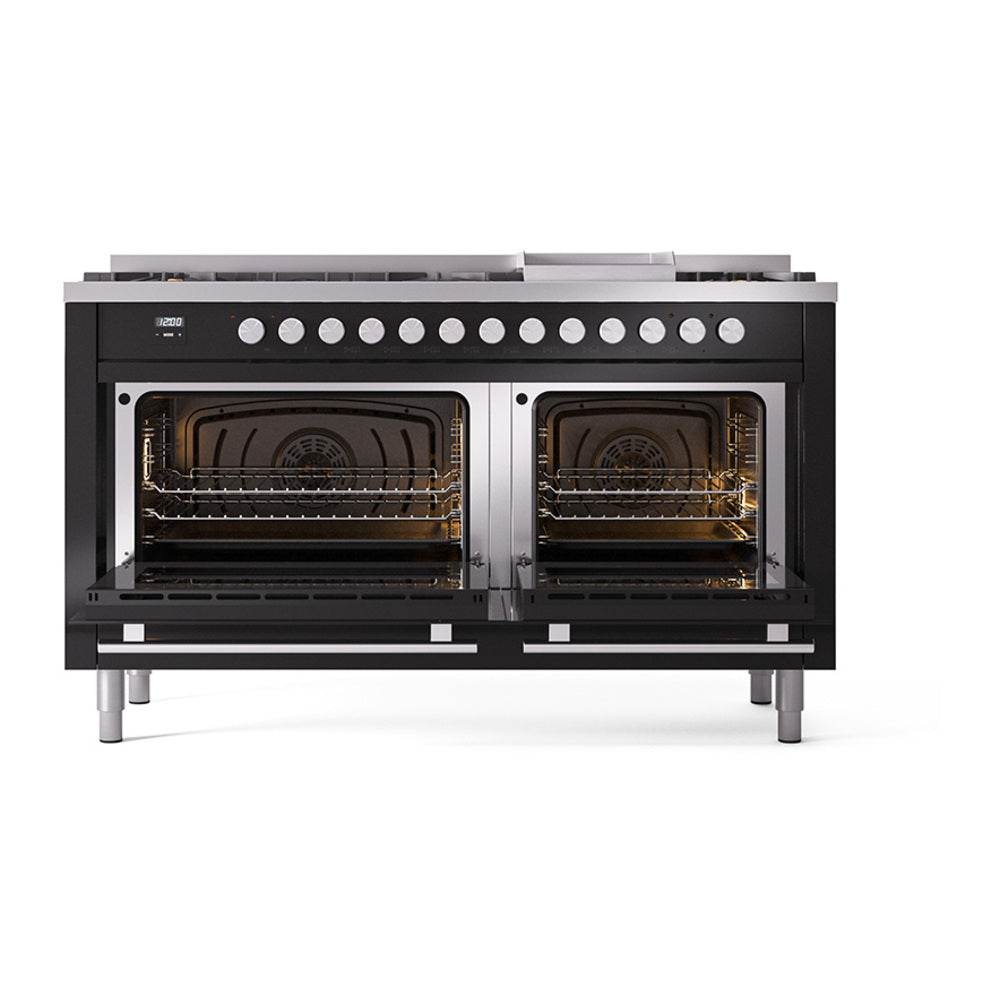 ILVE Professional Plus II 60-Inch Propane Dual Fuel Range, 9 Burners, Griddle, Solid Door Oven, Glossy Black (UP60FQMPBKLP)