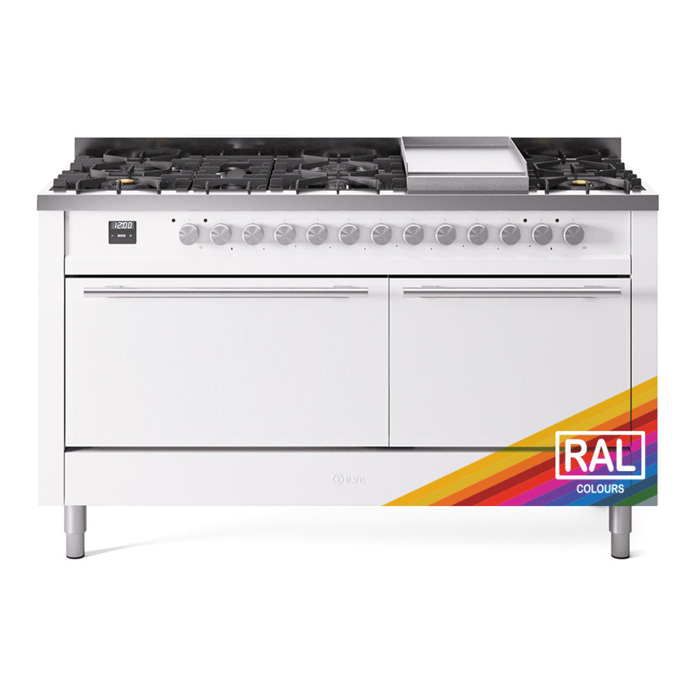 ILVE Professional Plus II 60-Inch Natural Gas Dual Fuel Range, 9 Burners, Griddle, Solid Door Oven, RAL (UP60FQMPRA)
