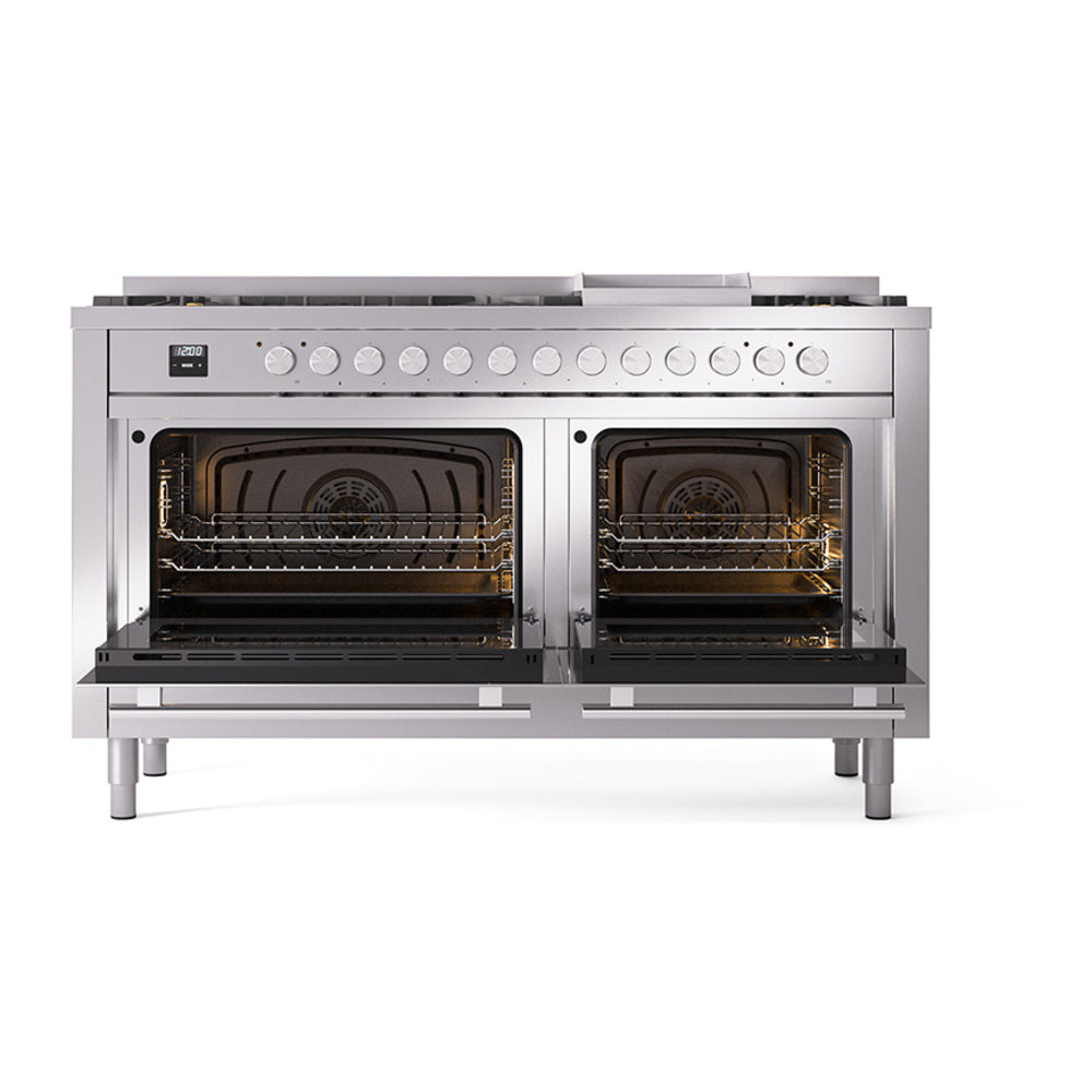 ILVE Professional Plus II 60-Inch Propane Dual Fuel Range, 9 Burners, Griddle, Solid Door Oven, Stainless Steel (UP60FQMPSSLP)