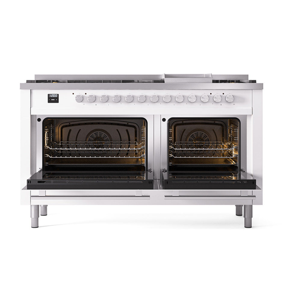 ILVE Professional Plus II 60-Inch Natural Gas Dual Fuel Range, 9 Burners, Griddle, Solid Door Oven, White (UP60FQMPWH)